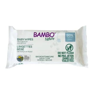 BAMBO NATURE LINGETTES 99% EAU – SACHET DE 64 LINGETTES DOUCES & HYPOALLERGÉNIQUES
